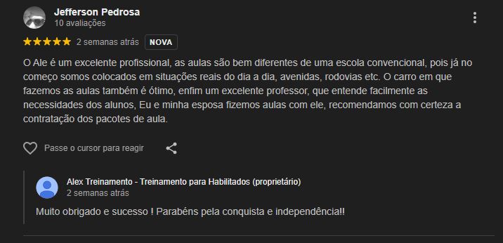Avaliação do Google sobre Alex Aulas para Habilitados