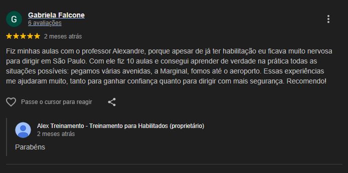 Avaliação do Google sobre Alex Aulas para Habilitados