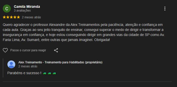 Avaliação do Google sobre Alex Aulas para Habilitados